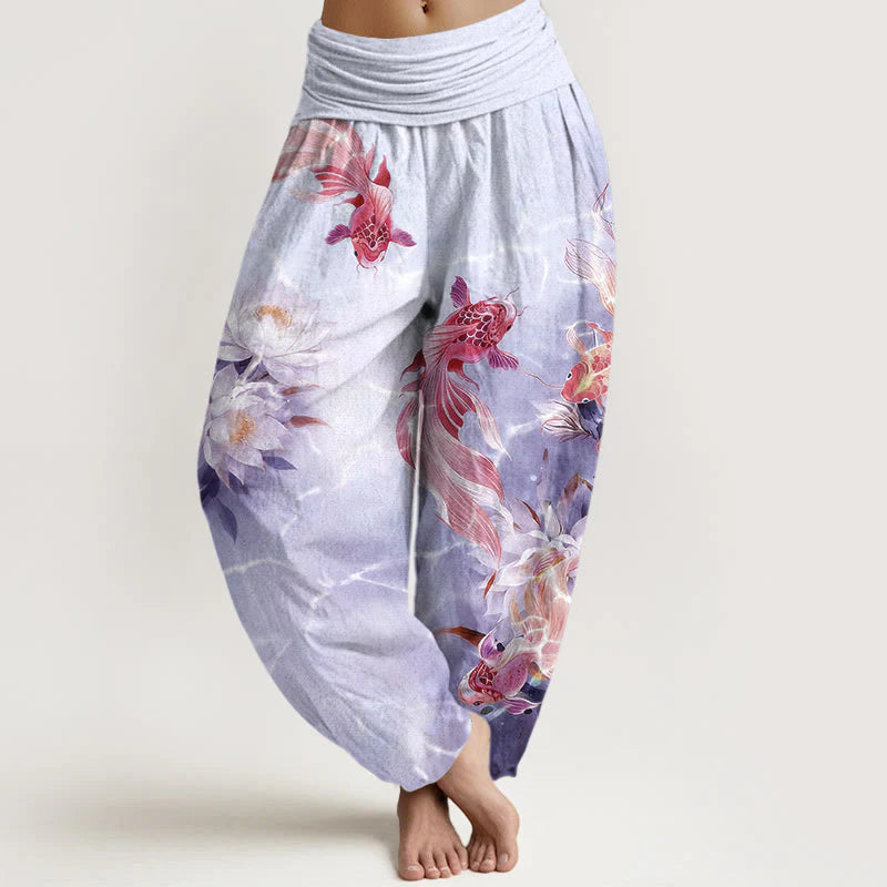 Buddha Stones Pure Cotton Light-Colored Koi Fish Lotus Flower Pattern Women's Elastic Waist Harem Pants