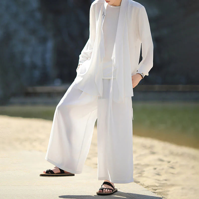 Buddha Stones 2Pcs Fall Lace-up Bamboo Embroidery Cotton Kimono Ankle-Length Pants With Pockets Men's Meditation Cloth Set