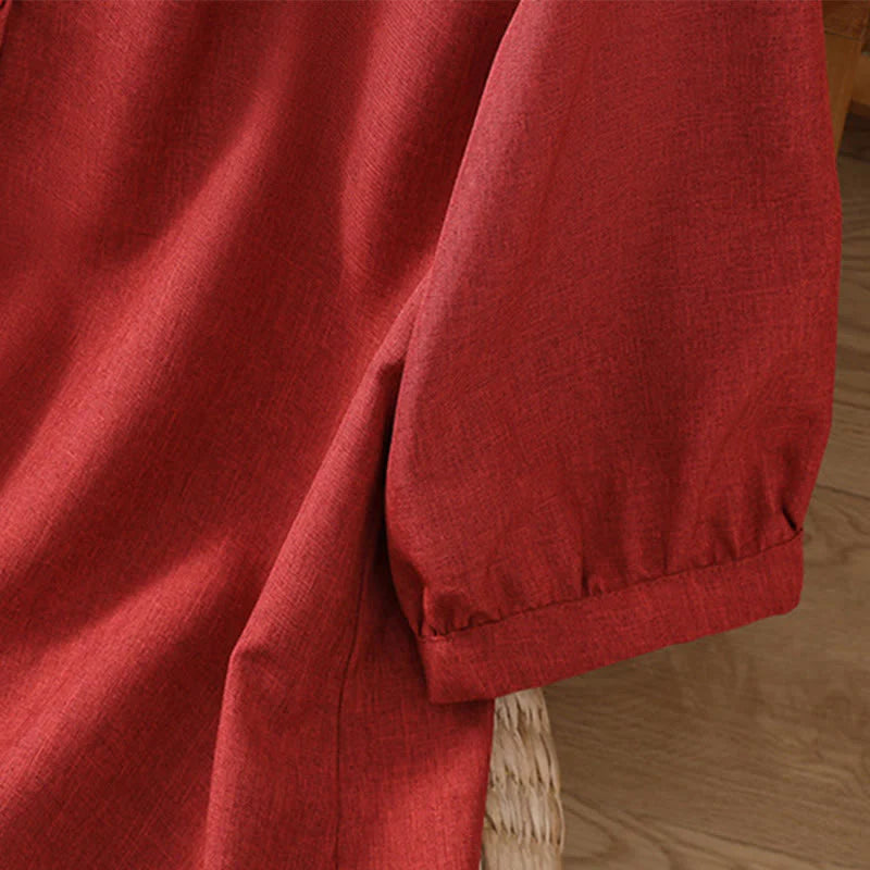 Buddha Stones Plain Button Crew Neck Design Women's Cotton Linen Three Quarter Sleeve Shirt