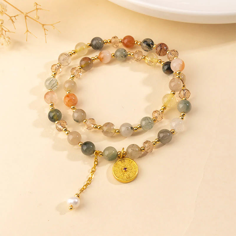 Buddha Stones Colorful Rutilated Quartz Copper Auspiciousness Double Wrap Bracelet