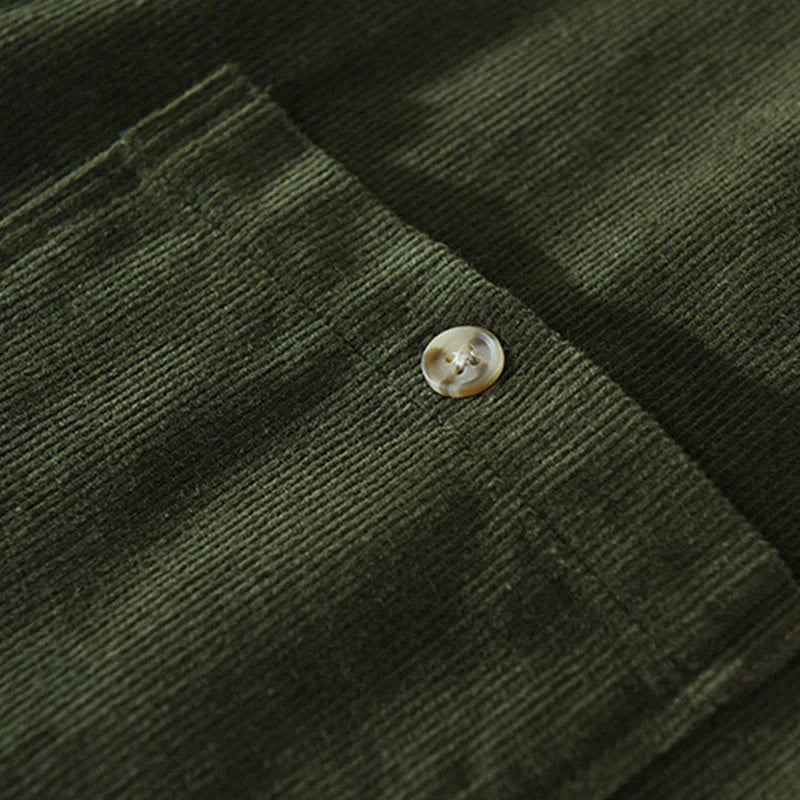 Buddha Stones Fall Decorative Pocket Buttons Down Stand Collar Long Sleeve Men's Cotton Corduroy Shirt