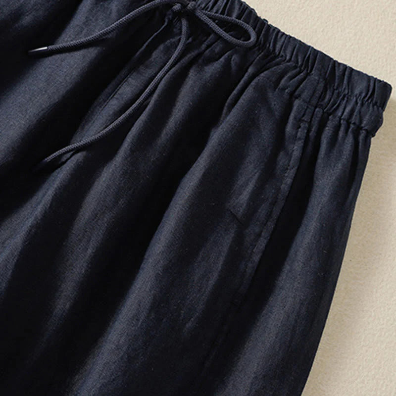 Buddha Stones Commute Plain Design Drawstring Cotton Linen Women's Wide Leg Pants With Pockets