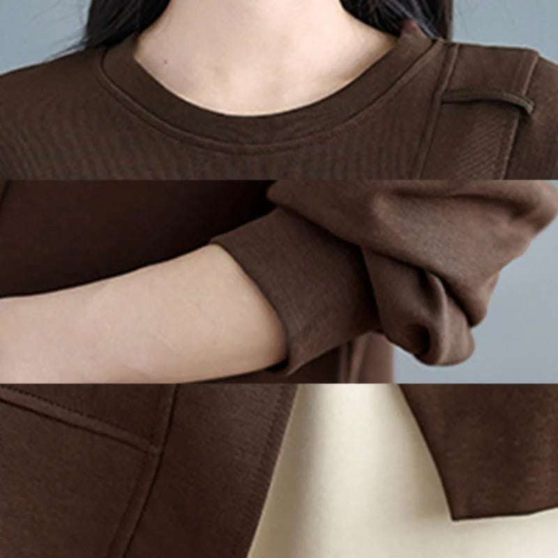 Buddha Stones Fall Solid Color Asymmetrical Design Crew Neck Long Sleeve Women's Cotton Sweatshirt
