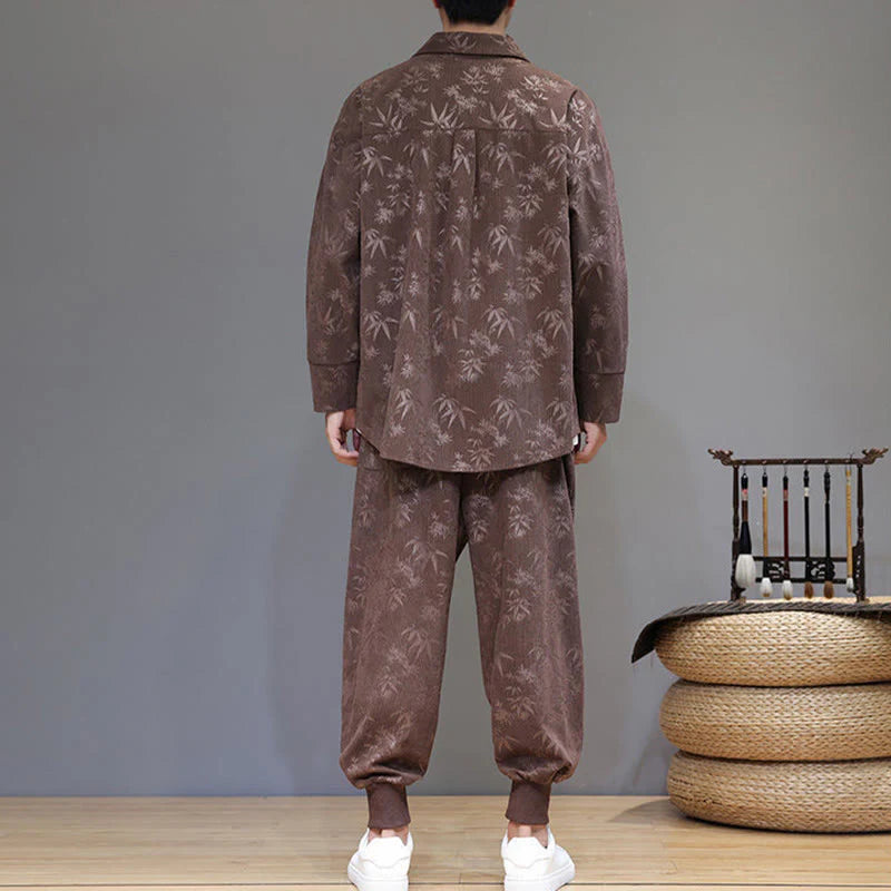 Buddha Stones 2Pcs Winter Thick Bamboo Men's Tang Suit Frog-Button Cotton Corduroy Long Sleeve Jacket Pants Set With Pockets
