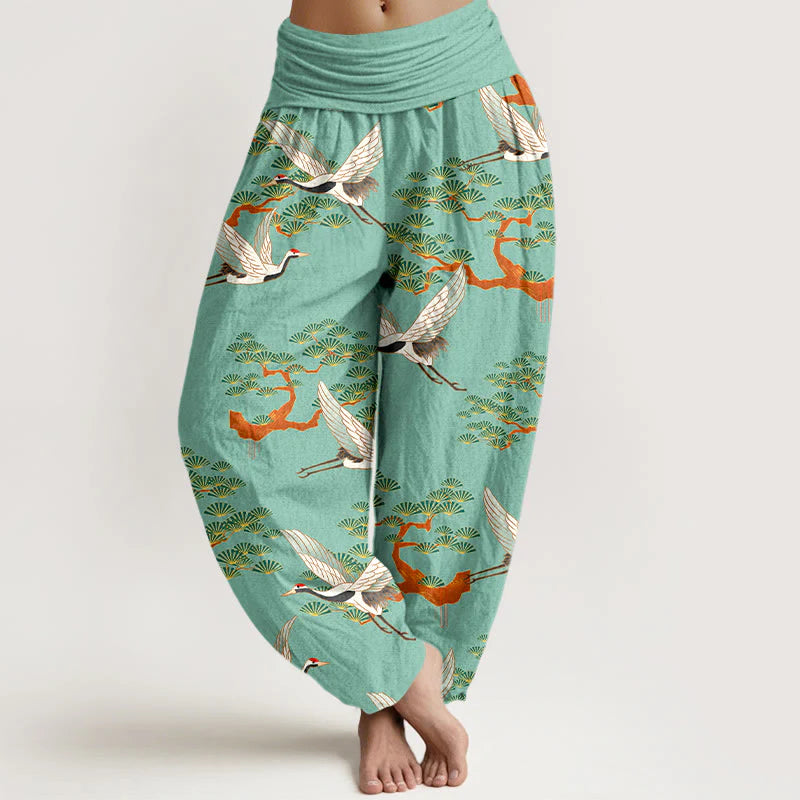 Buddha Stones Print Pine Tree Crane Pattern Pure Cotton Women's Elastic Waist Harem Pants