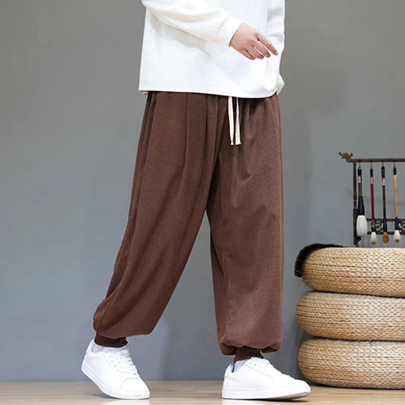 Buddha Stones Fall Plain Drawstring Simple Design Men's Harem Cotton Corduroy Pants With Pockets