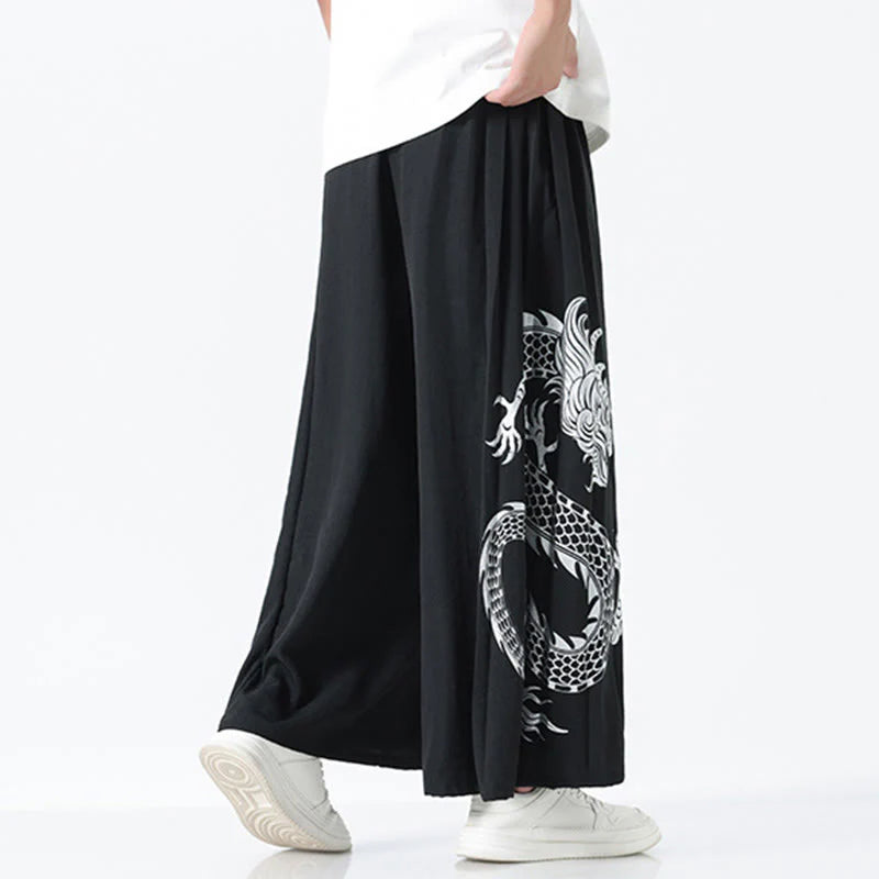 Buddha Stones Summer Dragon Drawstring Design Cotton Ankle-Length Men's Wide Leg Pants With Pockets
