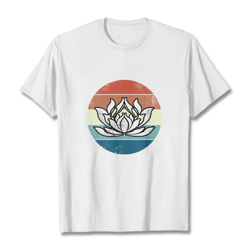 Buddha Stones Blooming Lotus Colorful Striped Pattern Cotton Tee T-shirt