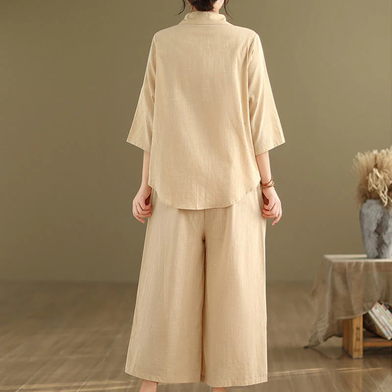 Buddha Stones 2pcs Casual Women's Stand Collar Shirt Loose Pants Meditation Clothing Set