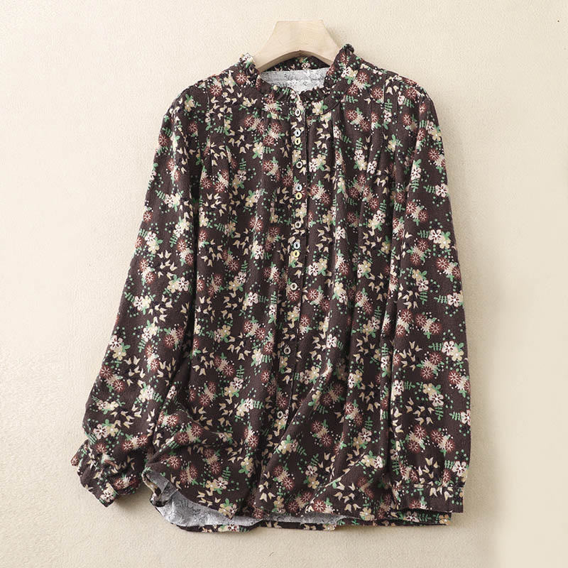 Buddha Stones Fall Floral Print Buttons Down Design Women's Cotton Long Sleeve Shirt