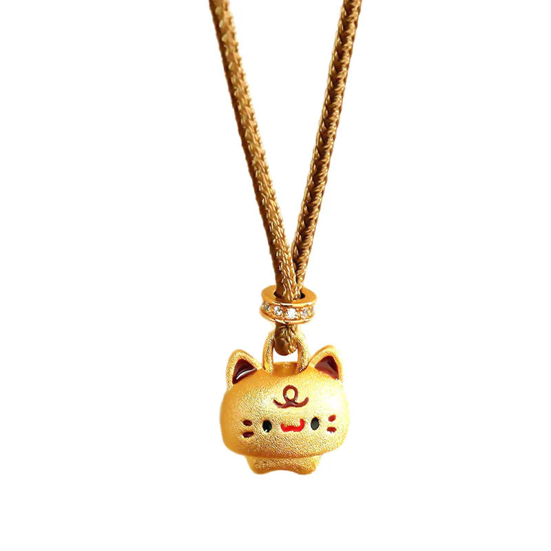 Buddha Stones Cute Cat Copper Plated Gold Adjustable Braided Rope Protection Necklace Pendant