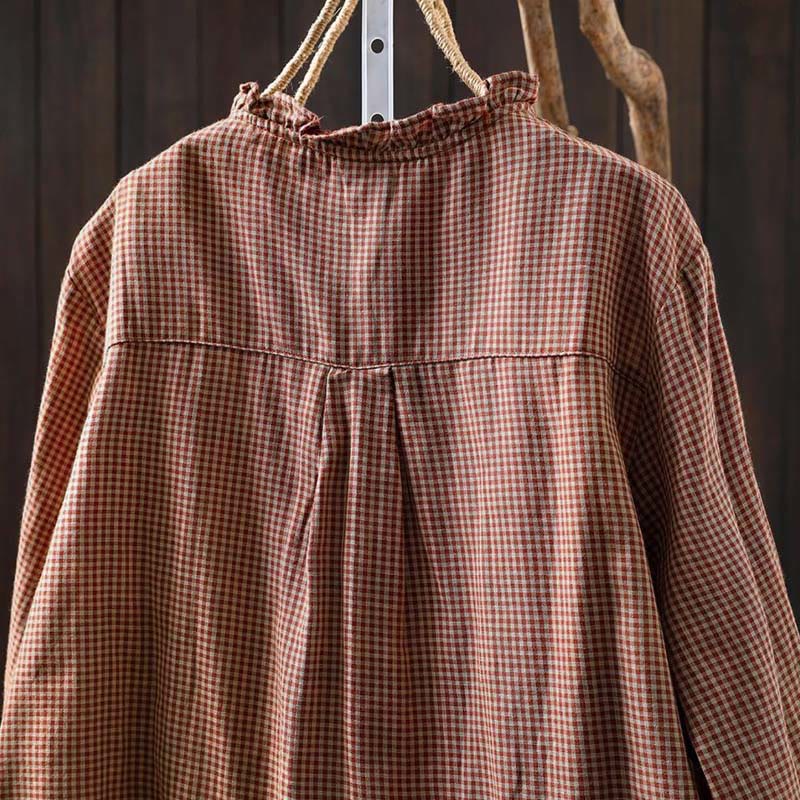 Buddha Stones Fall Tiny Plaid Button Down Ruffle Collar Long Sleeve Women's Cotton Shirt