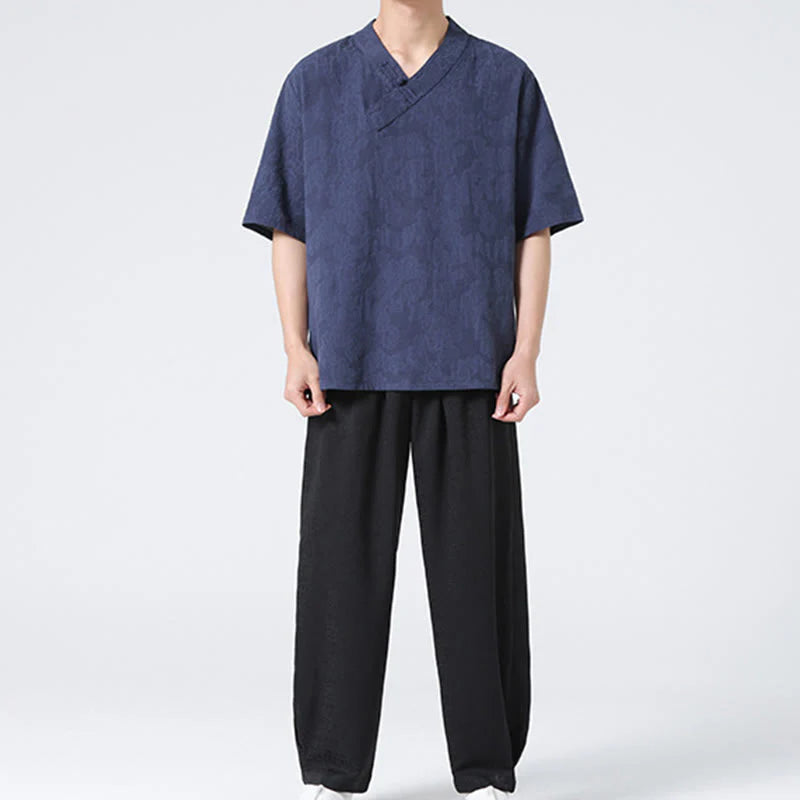 Buddha Stones Ethnic Distressed Jacquard Frog-Button Men's Stand Collar Half Sleeve Cotton Linen Shirt Tai Chi Clothes