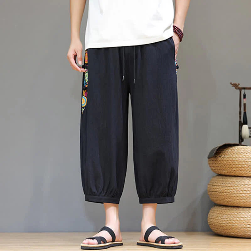 Buddha Stones Summer Tribal Side Stripe Drawstring Waist Men's Capri Tapered Pants With Pockets
