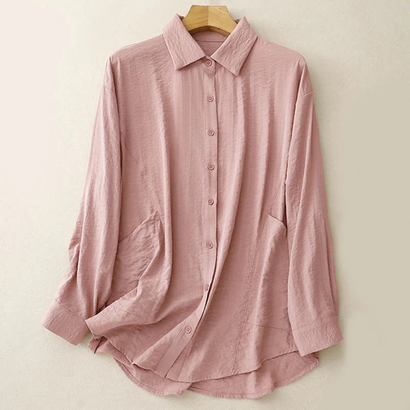 Buddha Stones Spring Fall Stand Collar Plain Long Sleeve Women's Cotton Polyester Shirt