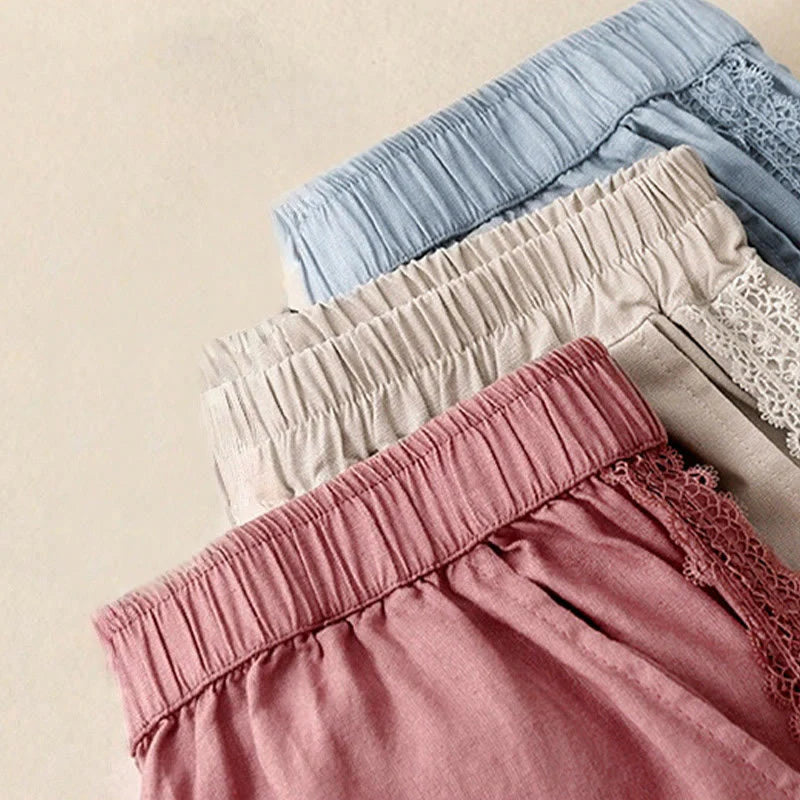Buddha Stones Plain Color Lace Stitching Cotton Linen Women's Wide Leg Pants With Pockets