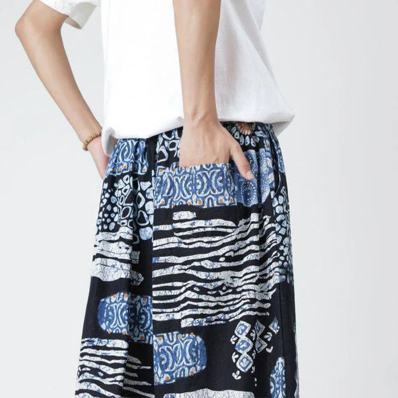 Buddha Stones Summer Square Patchwork Elephant Mandala Geometry Cotton Linen Men's 7-8 Length Pants With Pockets