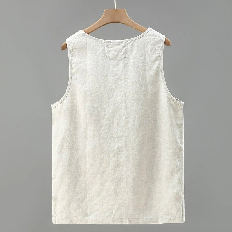 Buddha Stones Summer Solid Color Side Slit Design Sleeveless Men's Linen Vest