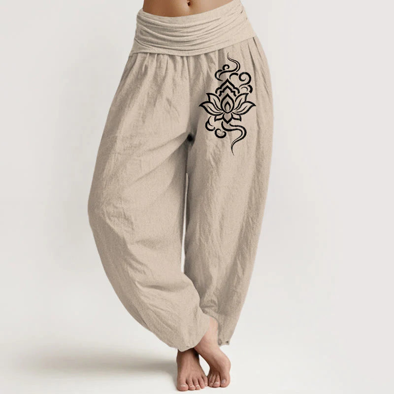 Buddha Stones Cotton Simple Lotus Pattern Women's Elastic Waist Harem Pants
