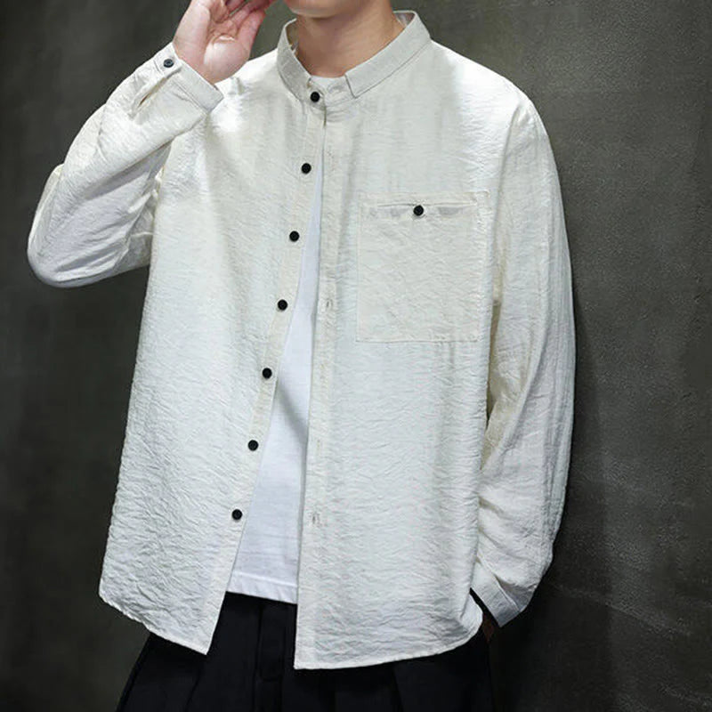Buddha Stones Spring Men's Solid Color Buttons Design Long Sleeve Shirt