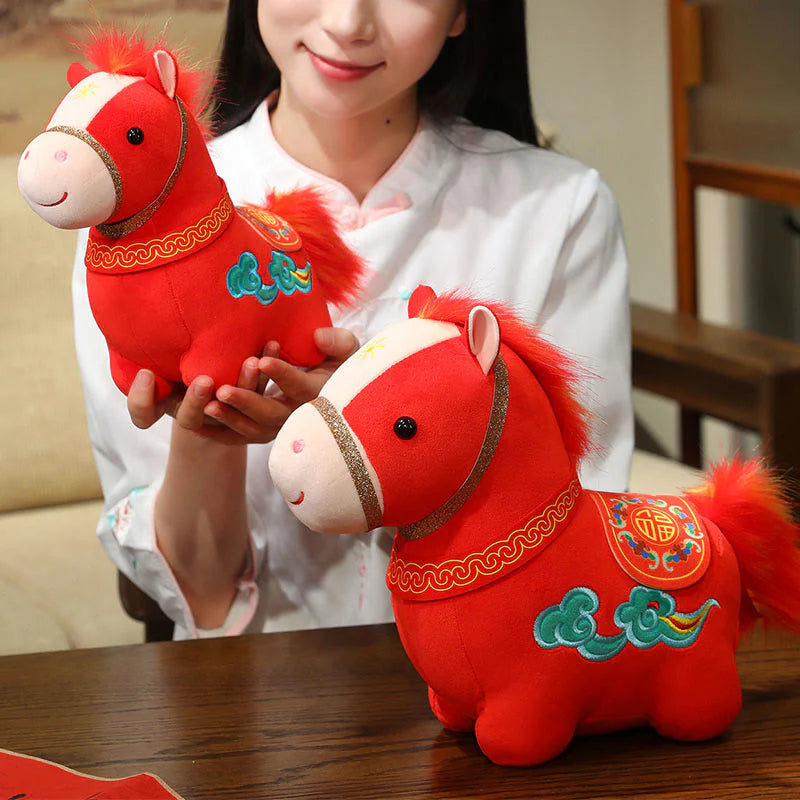 Buddha Stones Year Of The Horse Auspicious Cloud Pattern Stuffed Red Pony Plush Doll Home Decoration