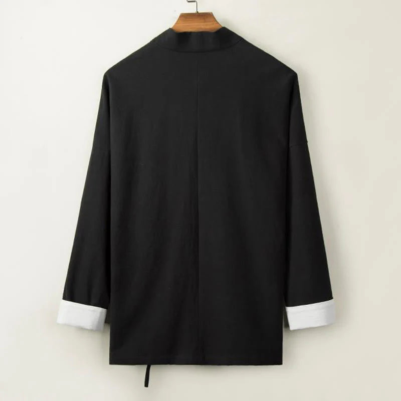 Buddha Stones Chinese Frog-Buttons Long Sleeve Design Open Front Jacket Men's Cotton Linen Kimono