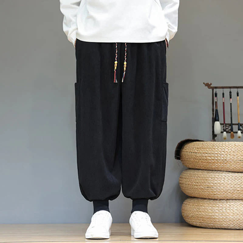 Buddha Stones Spring Solid Color Men's Ankle-Length Cotton Pants With Pockets