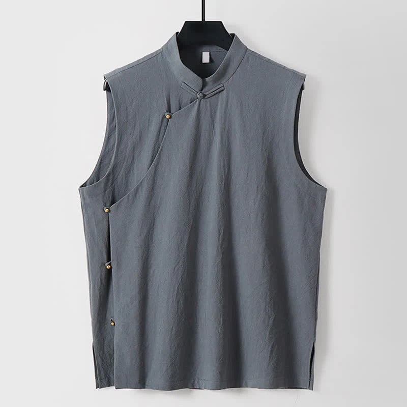 Buddha Stones Summer Solid Color Stand Collar Frog-Button Men's Cotton Linen Sleeveless Vest