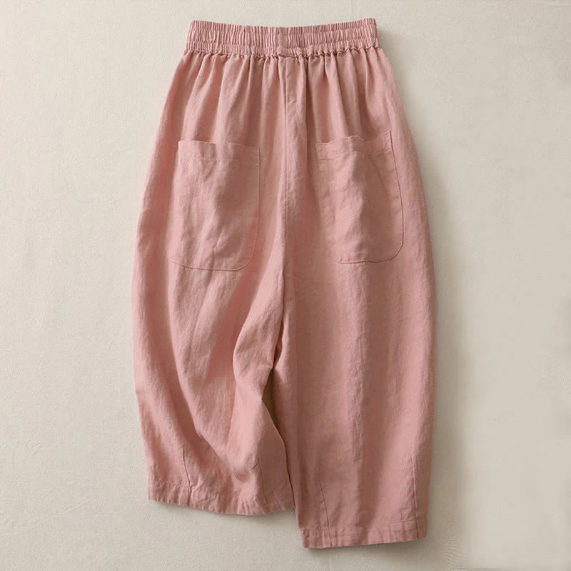 Buddha Stones Casual Plain Solid Color Patchwork Women's Polyester 7-8 Length Wide Leg Pants With Pockets