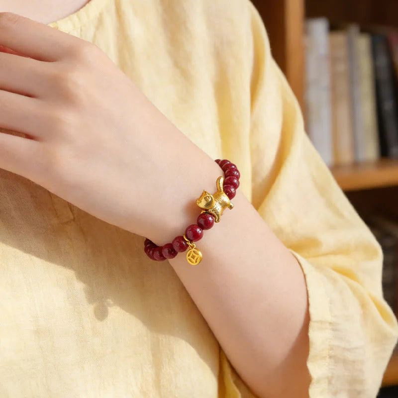 Buddha Stones Cute Lucky Cat Charm Garnet Cinnabar Calm Protection Beaded Bracelet