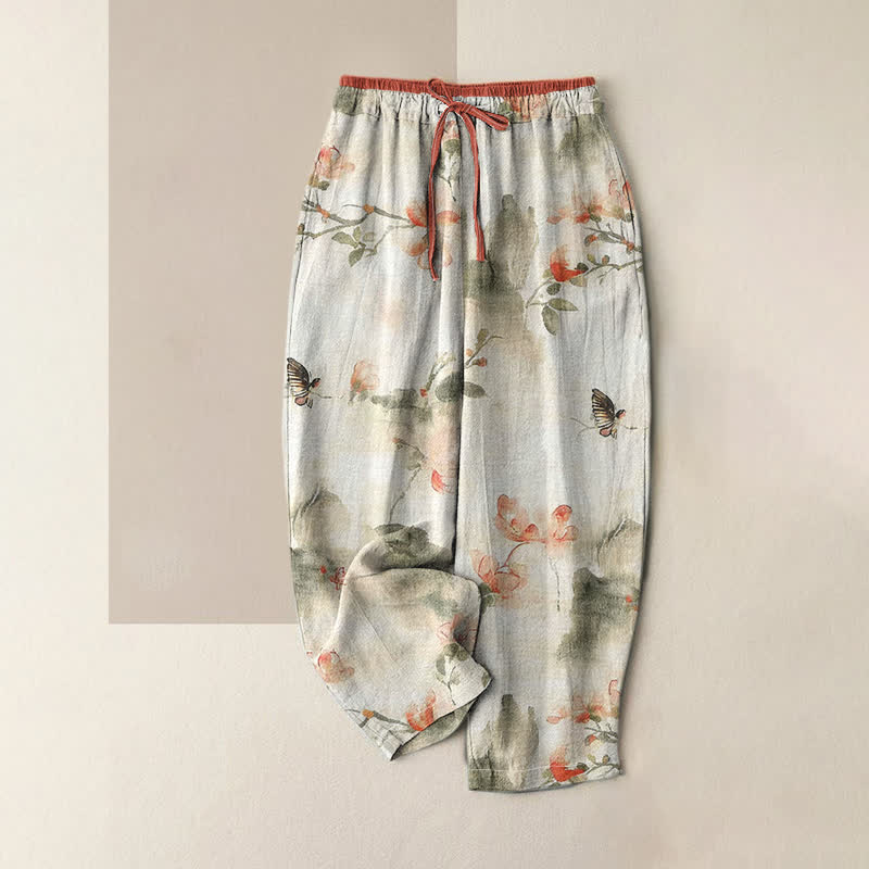 Buddha Stones Pure Cotton Butterfly Flowers Pattern Print Women's Pants With Pockets