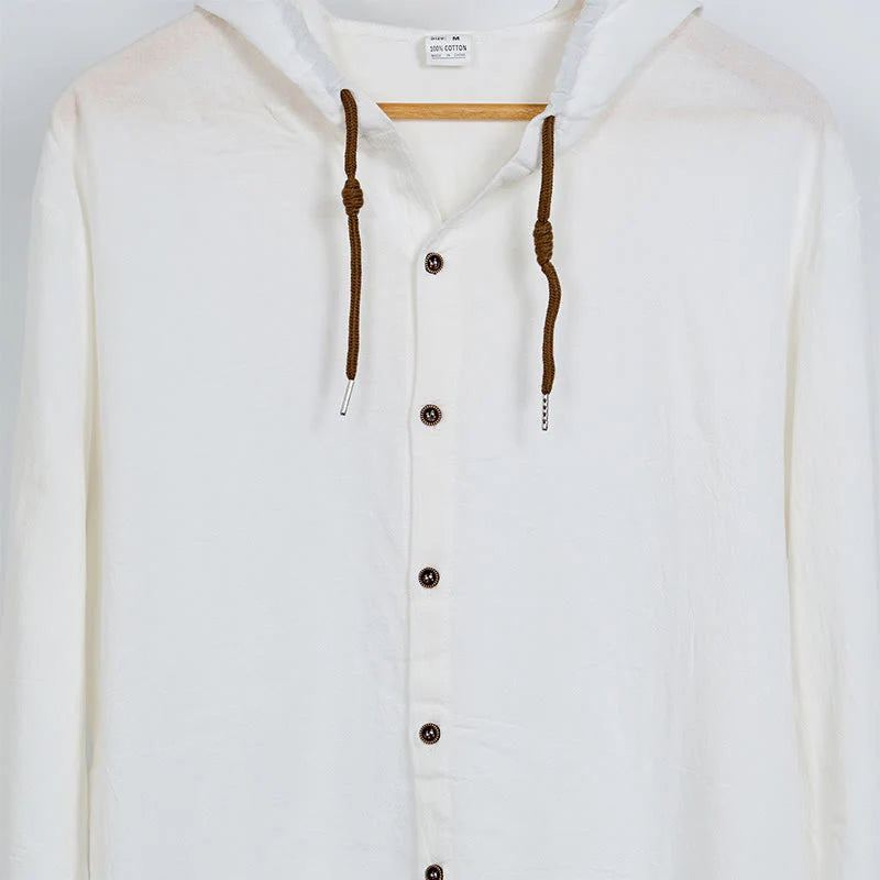 Buddha Stones Solid Color Long Sleeve Hooded Drawstring Buttons Cotton Men's Shirt