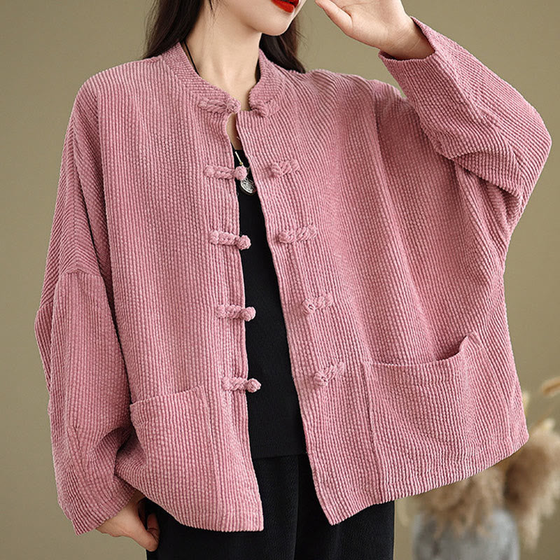 Buddha Stones Frog-button Stand Collar Women's Corduroy Jacket