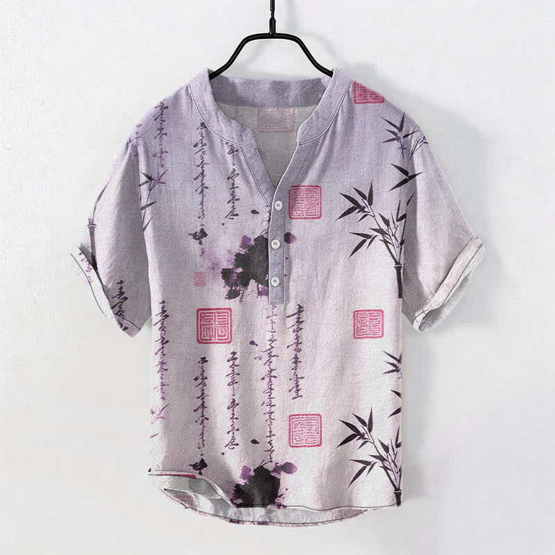 Buddha Stones Cotton Gradient Calligraphy Bamboo Ink Painting Pattern Men's Short Sleeve Half Button Shirt