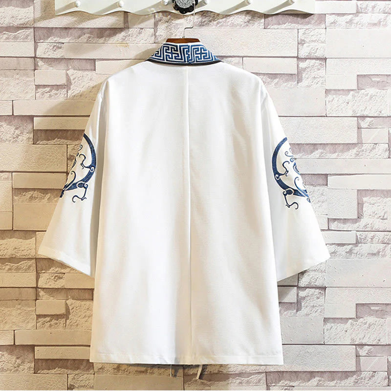 Buddha Stones Embroidery Dragon Phoenix Auspicious Cloud Waves Leaves Cranes Open Front Jacket Men's Kimono