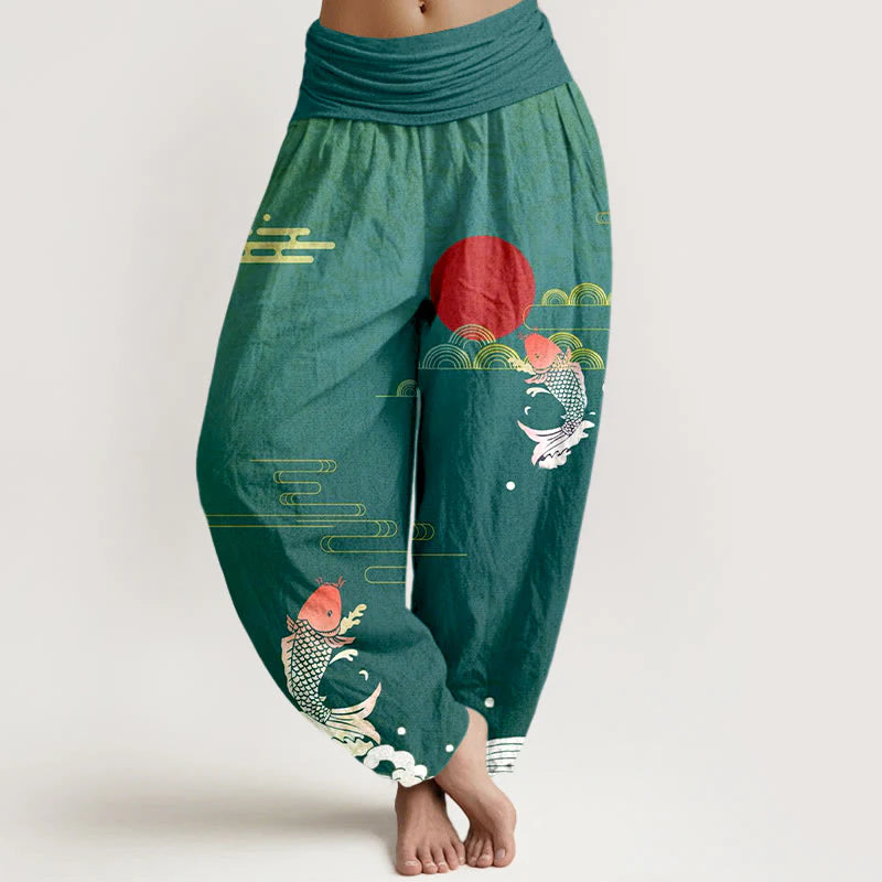 Buddha Stones Koi Fish Red Sun Waves Clouds Pattern Women's Elastic Waist Harem Pure Cotton Pants