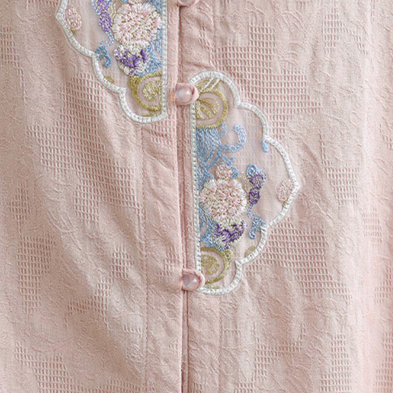 Buddha Stones Flower Embroidery Jacquard Three Quarter Sleeve Frog-Button Cotton Women's Shirt