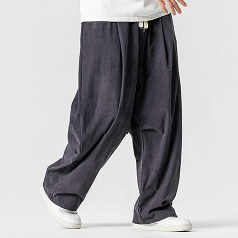 Buddha Stones Winter Drawstring Corduroy Cotton Men's Wide Leg Pants With Pockets