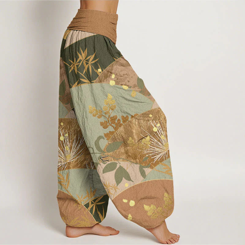 Buddha Stones Cotton Semicircle Leaves Pattern Women's Elastic Waist Harem Pants