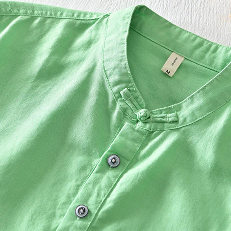 Buddha Stones Solid Color Half Button Design Stand Collar Men's Short Sleeve Cotton Linen Shirt