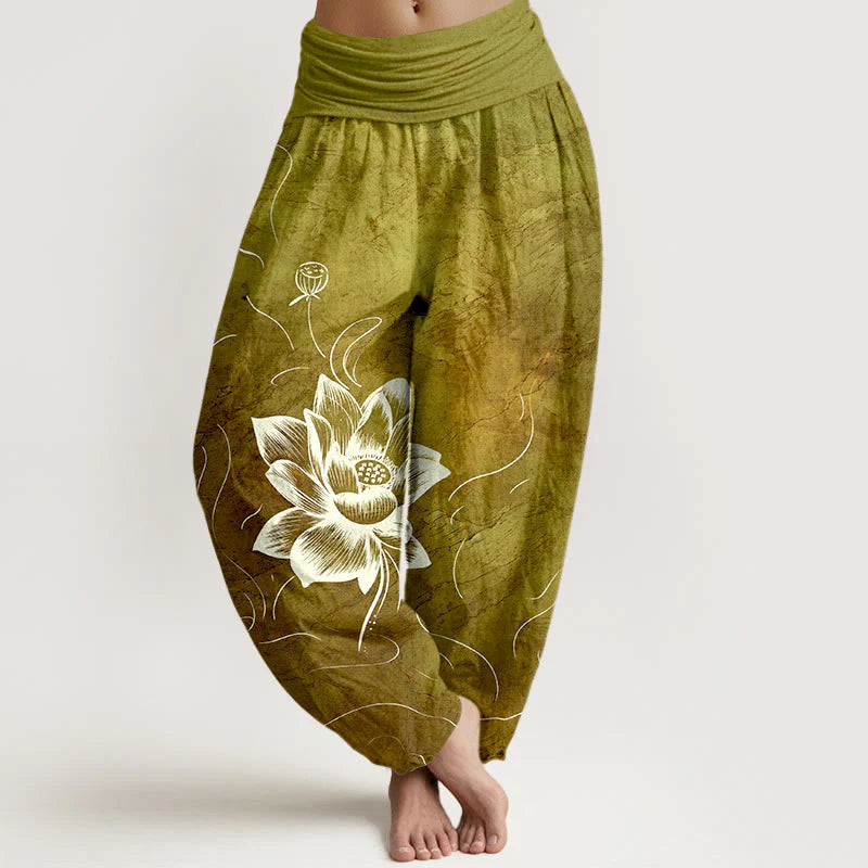Buddha Stones Pure Cotton Lotus Flower Pattern Women's Elastic Waist Harem Pants