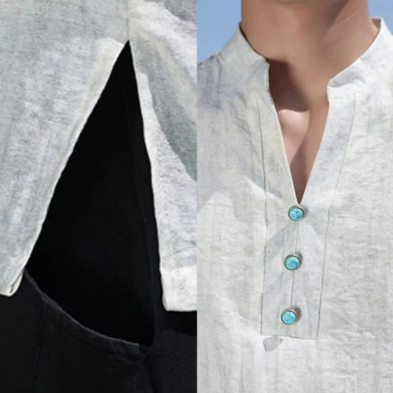 Buddha Stones Summer Dai Ethnic Short Sleeve Men's Notched Collar Button T-Shirt
