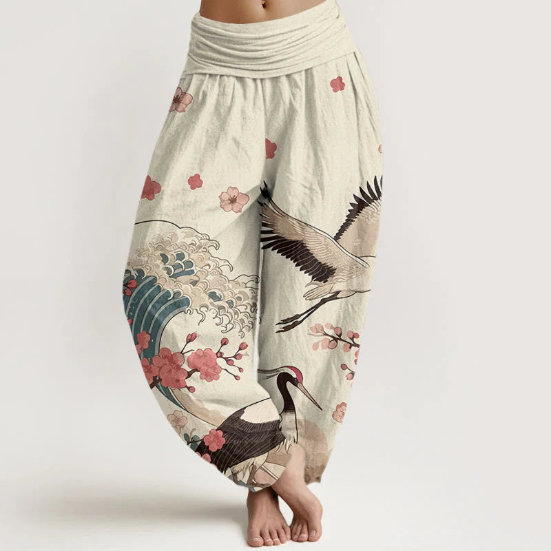 Buddha Stones Pure Cotton Cranes Peach Blossoms Ocean Women's Elastic Waist Harem Pants