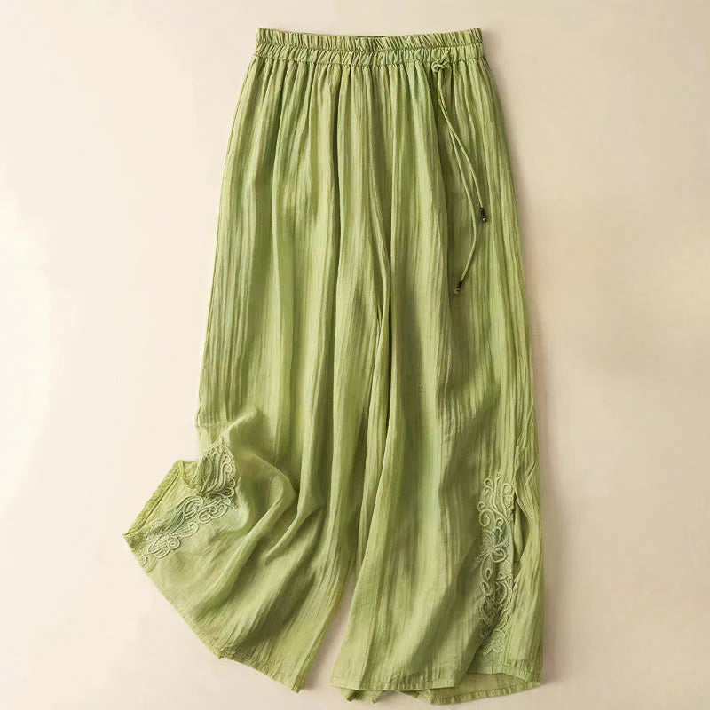 Buddha Stones Retro Casual Embroidery Design Drawstring Cotton Linen Women's Wide Leg Pants With Pockets