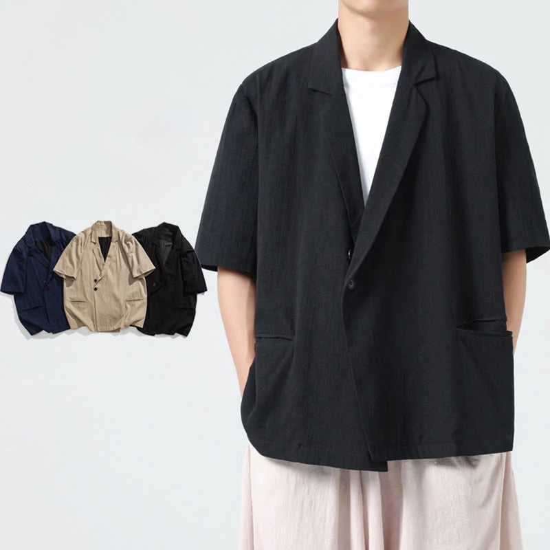 Buddha Stones Spring Plain Asymmetrical Lapel Collar Short Sleeve Men's Cotton Linen Shirt With Pockets