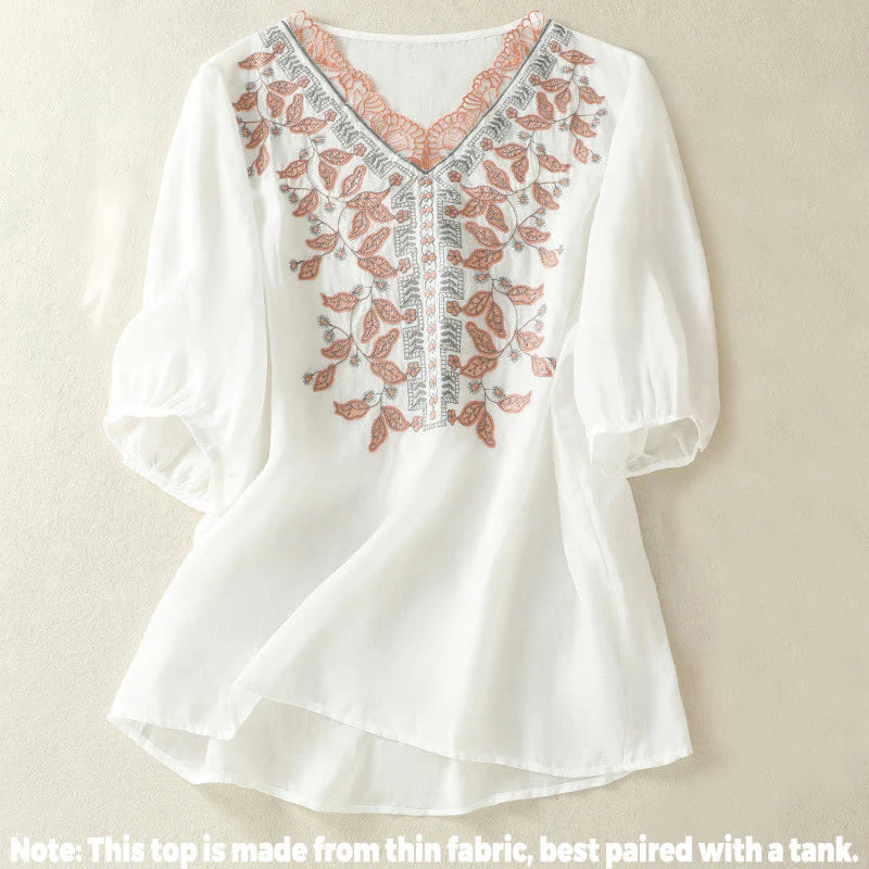 Buddha Stones Embroidered Lace Casual Women's Cotton Linen Half Sleeve T-shirt