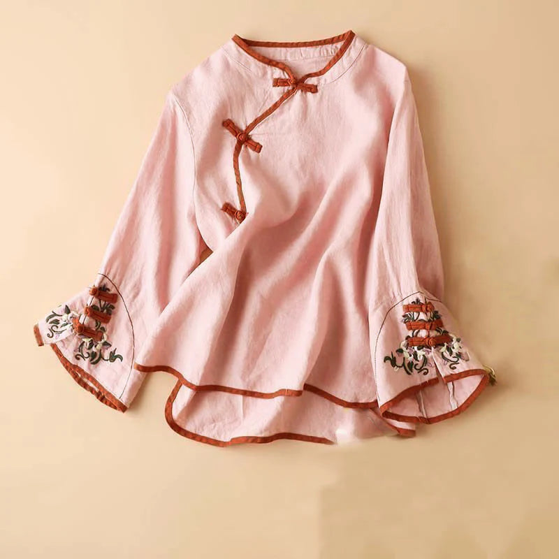 Buddha Stones Retro Flower Embroidery Design Long Sleeve Cotton Linen Women's Shirt