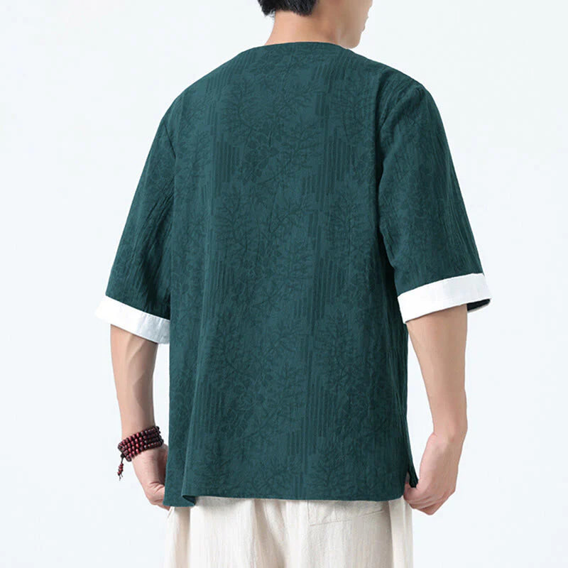 Buddha Stones Summer Flowers Grass Pattern Tang Suit Men's Frog-Button Half Sleeve Cotton Shirt