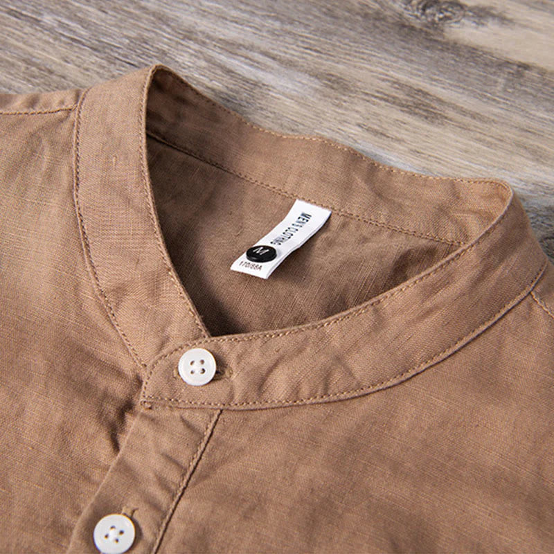 Buddha Stones Daily Plain Patch Color Matching Design Men's Short Sleeve Cotton Linen Shirt