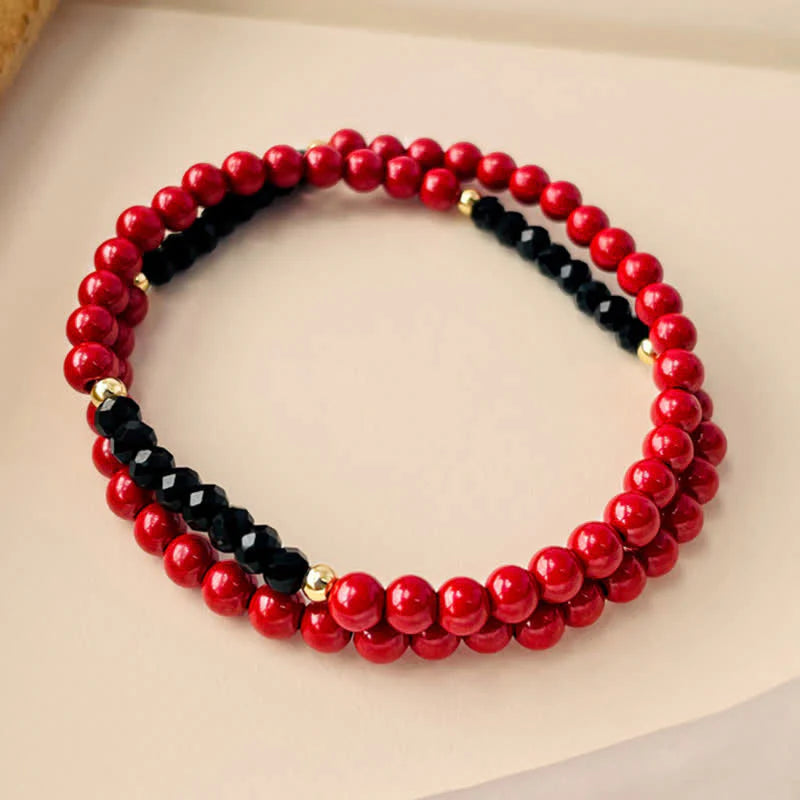 Buddha Stones 4mm Double Wrap Cinnabar Black Tourmaline Blessing Bracelet